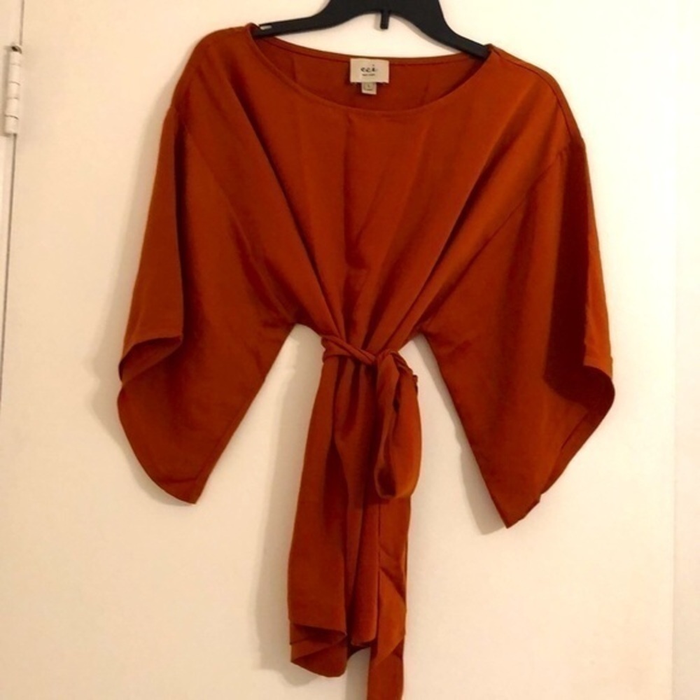 Eci Burnt Orange Tie Waist 3/4 sleeve long silky blouse size large - Picture 4 of 9